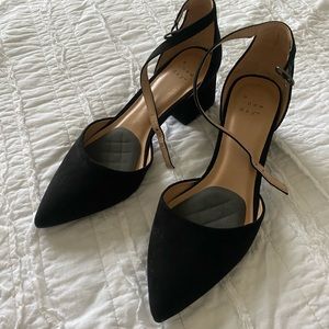 Black Suede Low Block Heels with Ankle Strap